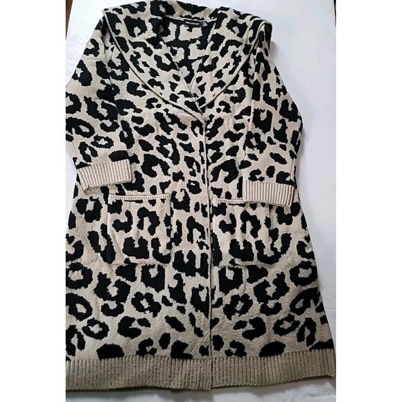 Nina Leonard Cardigan Duster Sweater L Black Tan Leopard Print Soft Oversized - Picture 11 of 11